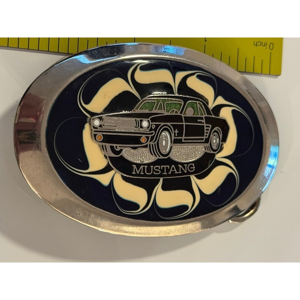 Vintage Ford Mustang Belt Buckle Black Muscle Car Enamel Oval Silver Tone Metal